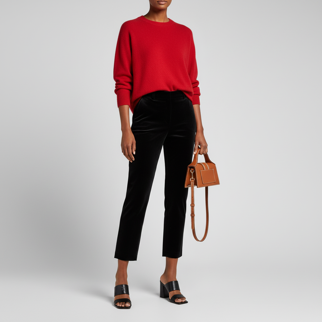 black trousers with red sweater